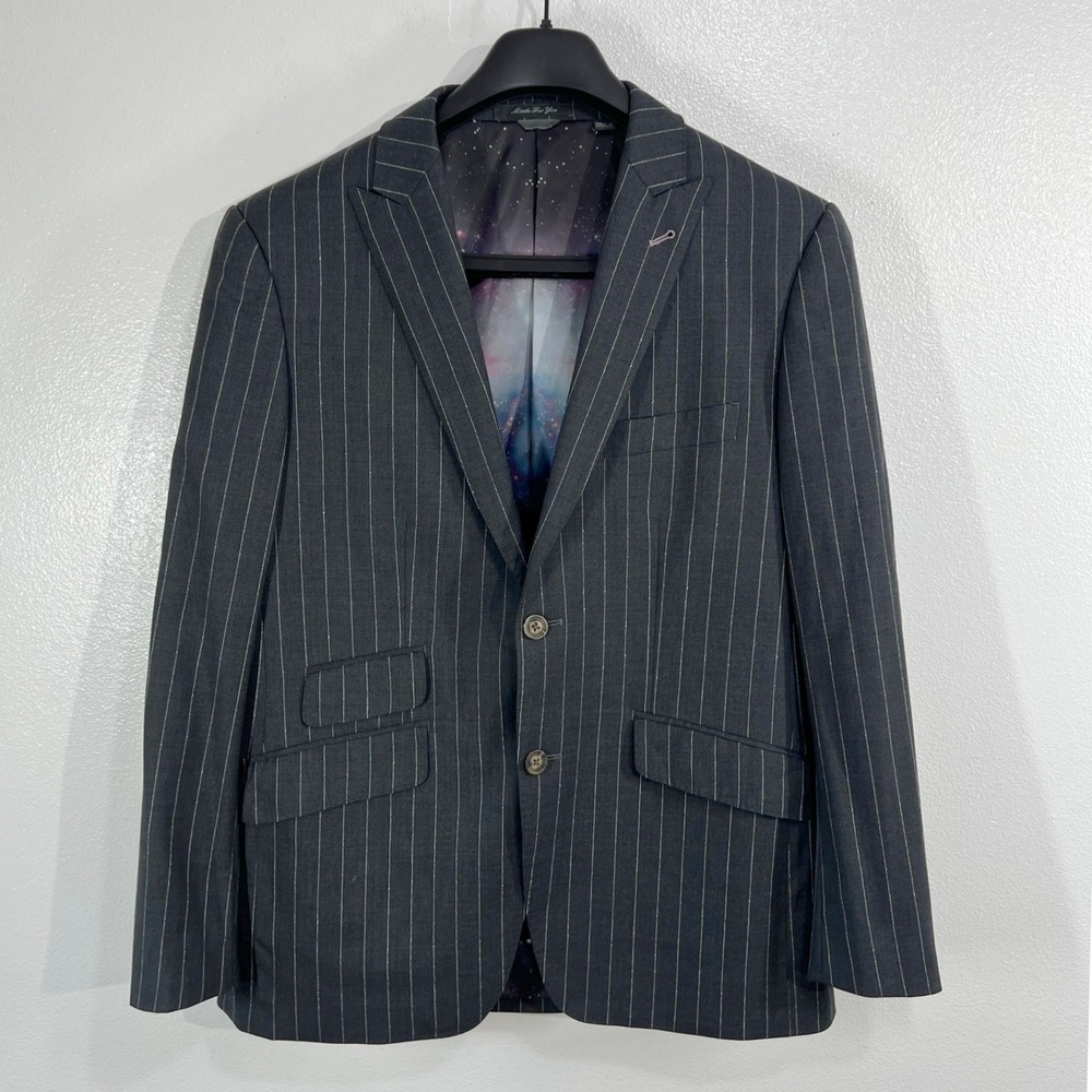 Indochino Pinstripe Blazer Mens 42R Gray‎ 100% Wool Galaxy Lining Custom Bespoke
